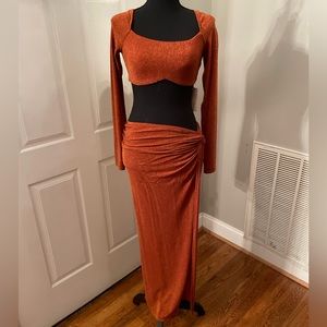 Two piece stretch orange crop and skirt combo